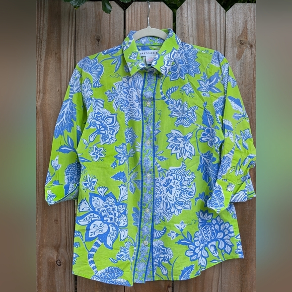 Gretchen Scott Lime Green and Blue Floral Patterned Button Down Shirt - Picture 2 of 14